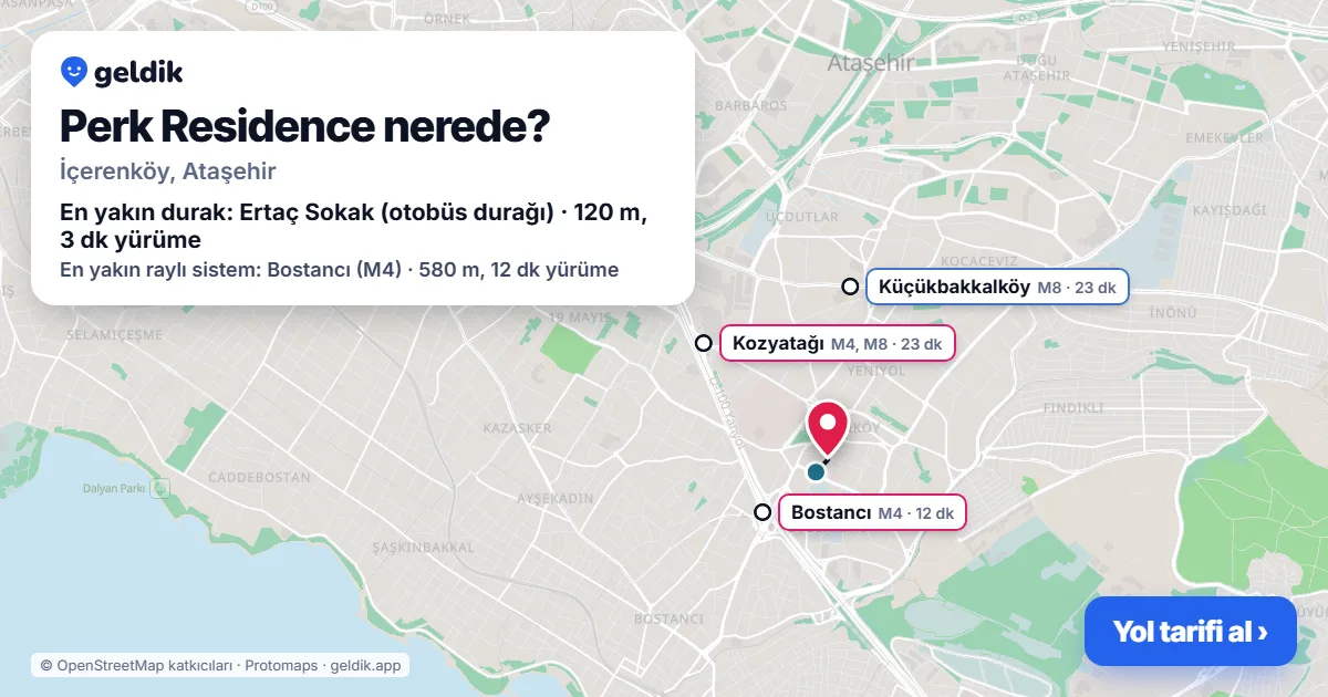 Perk Residence nerede: haritada konumu ve en yakın duraklar, yürüme süreleriyle