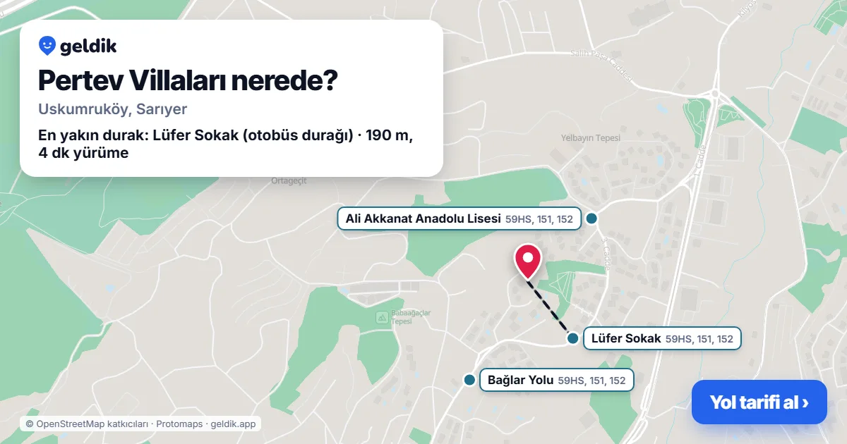 Pertev Villaları nerede: haritada konumu ve en yakın duraklar, yürüme süreleriyle