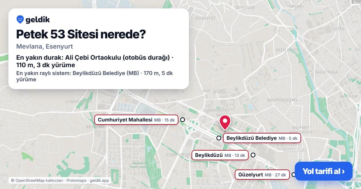 Where is Petek 53 Sitesi: map with its location and the nearest stops, with walking times