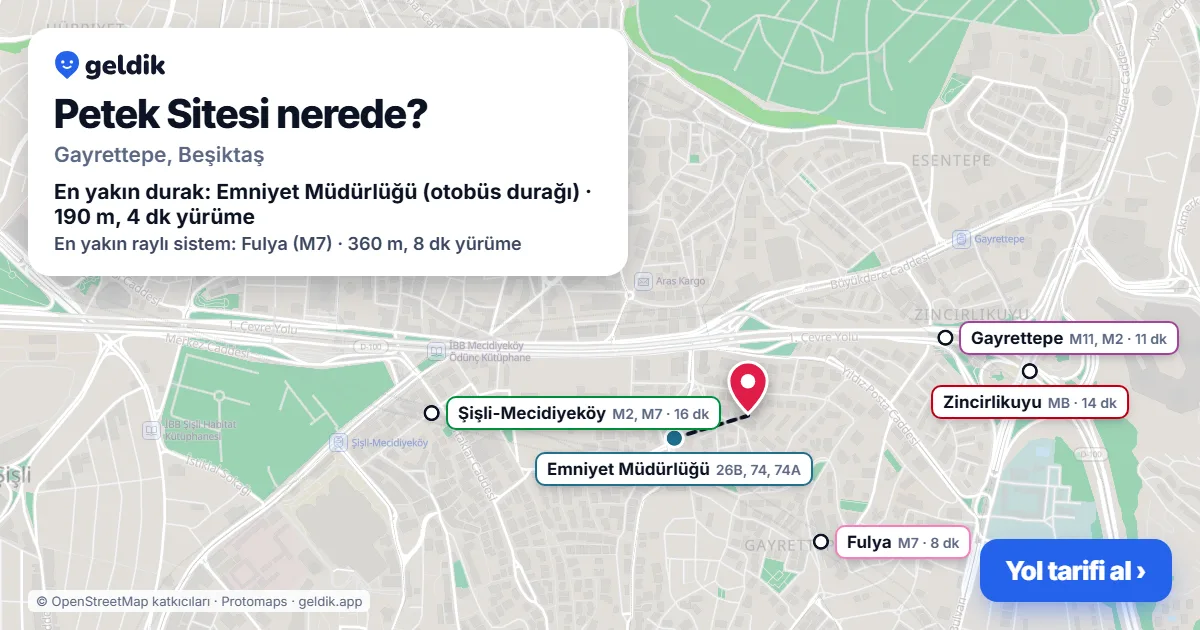 Where is Petek Sitesi: map with its location and the nearest stops, with walking times