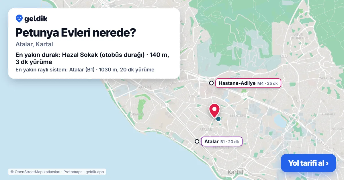 Petunya Evleri nerede: haritada konumu ve en yakın duraklar, yürüme süreleriyle