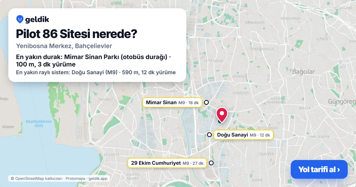 Where is Pilot 86 Sitesi: map with its location and the nearest stops, with walking times