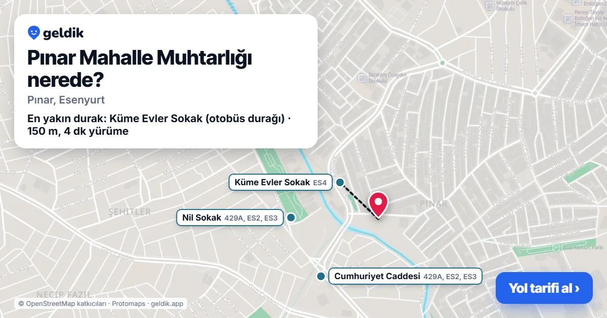 Where is Pınar Mahalle Muhtarlığı: map with its location and the nearest stops, with walking times