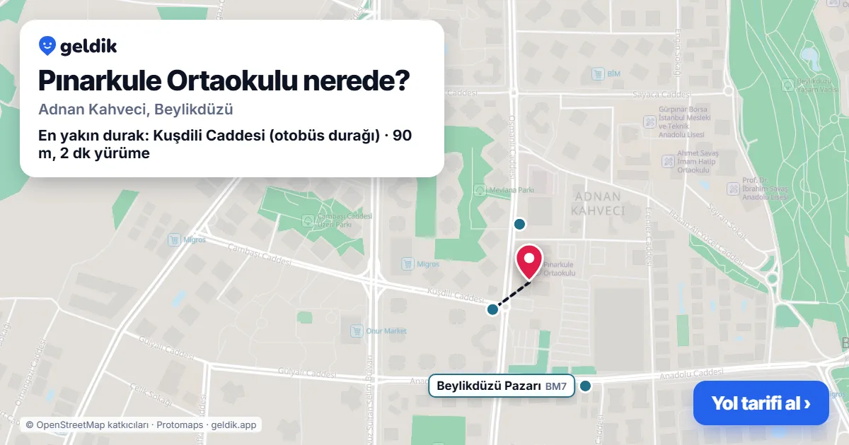 Pınarkule Ortaokulu nerede: haritada konumu ve en yakın duraklar, yürüme süreleriyle