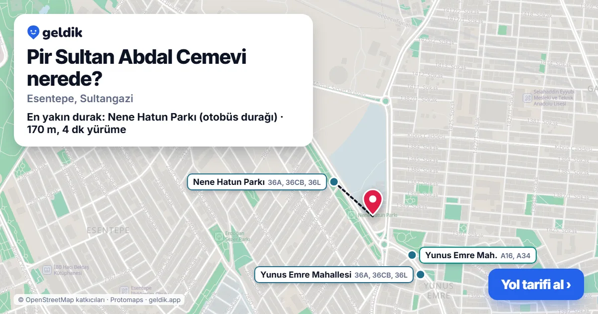 Pir Sultan Abdal Cemevi nerede: haritada konumu ve en yakın duraklar, yürüme süreleriyle