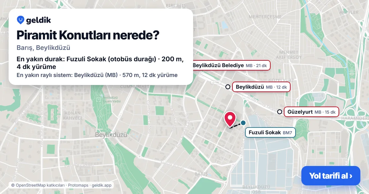 Piramit Konutları nerede: haritada konumu ve en yakın duraklar, yürüme süreleriyle