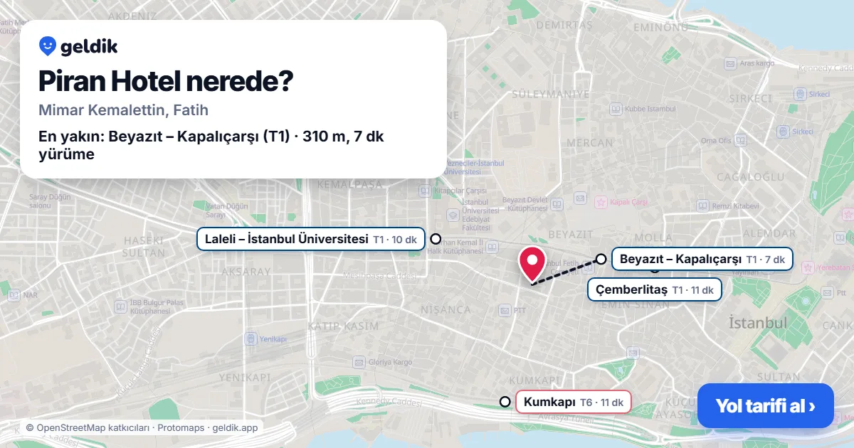Piran Hotel nerede: haritada konumu ve en yakın duraklar, yürüme süreleriyle