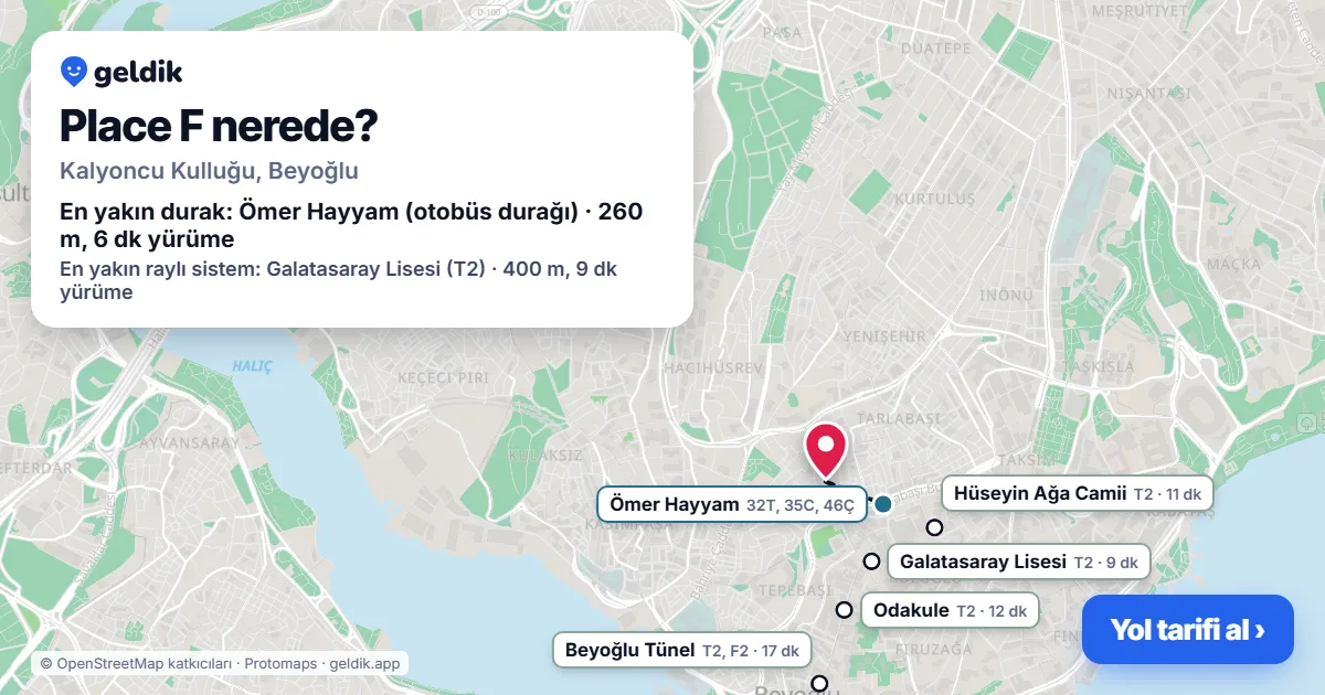 Place F nerede: haritada konumu ve en yakın duraklar, yürüme süreleriyle