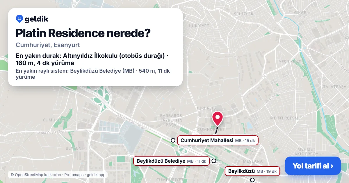 Where is Platin Residence: map with its location and the nearest stops, with walking times