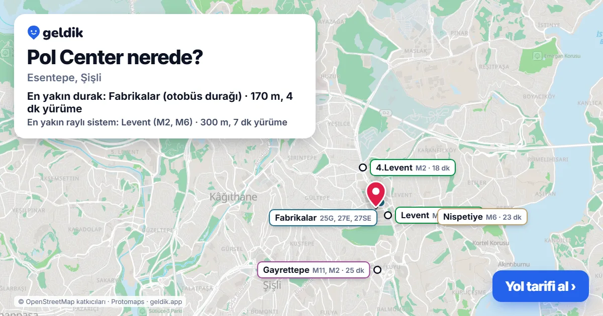 Where is Pol Center: map with its location and the nearest stops, with walking times