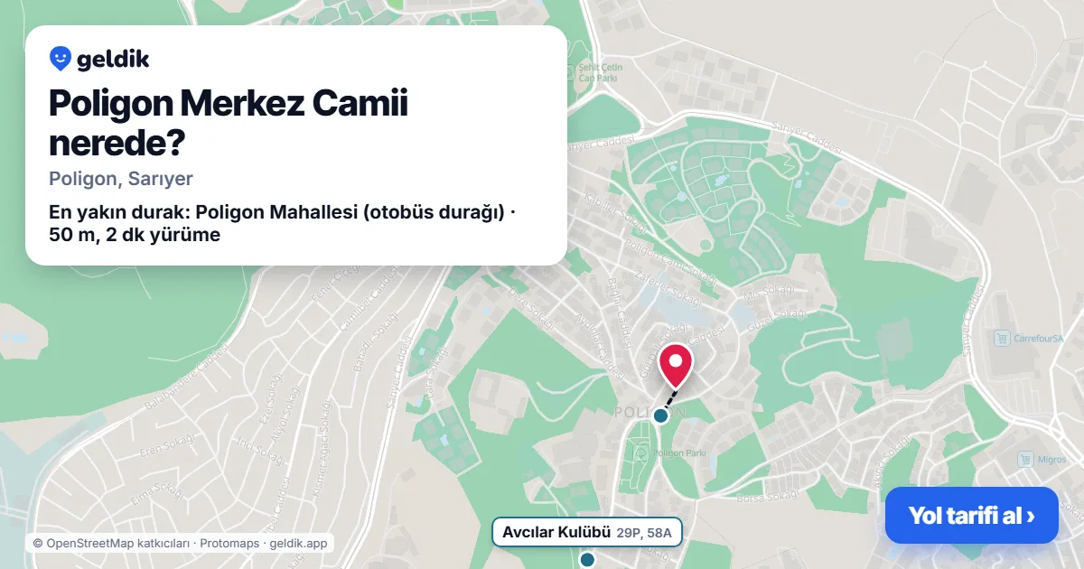 Poligon Merkez Camii nerede: haritada konumu ve en yakın duraklar, yürüme süreleriyle