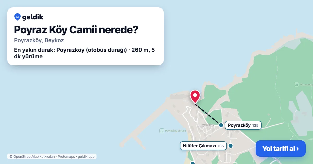 Poyraz Köy Camii nerede: haritada konumu ve en yakın duraklar, yürüme süreleriyle