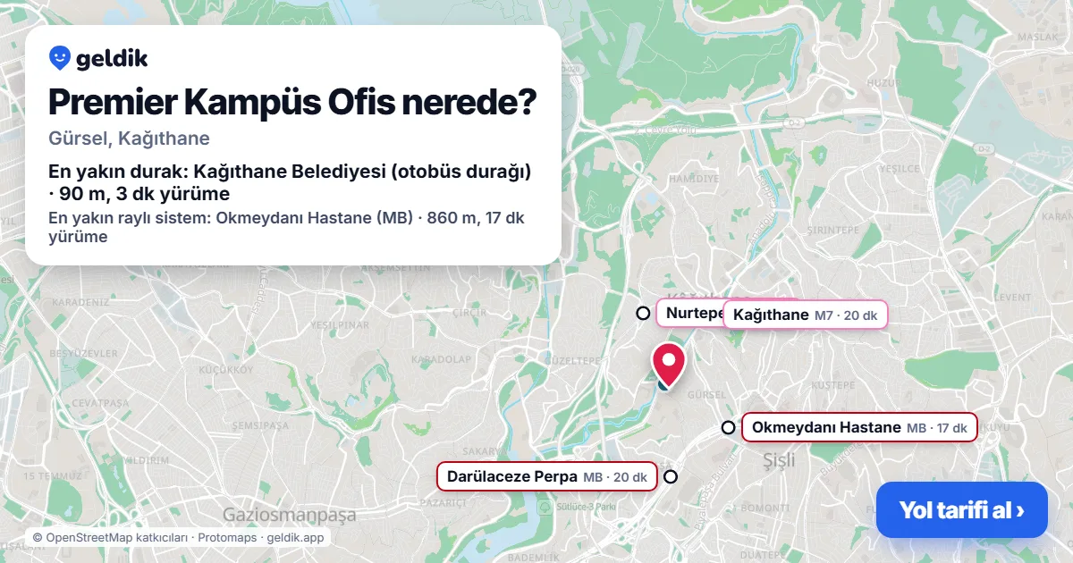 Premier Kampüs Ofis nerede: haritada konumu ve en yakın duraklar, yürüme süreleriyle