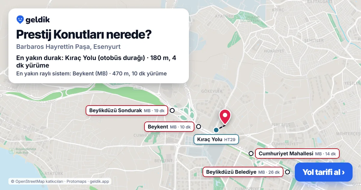 Prestij Konutları nerede: haritada konumu ve en yakın duraklar, yürüme süreleriyle