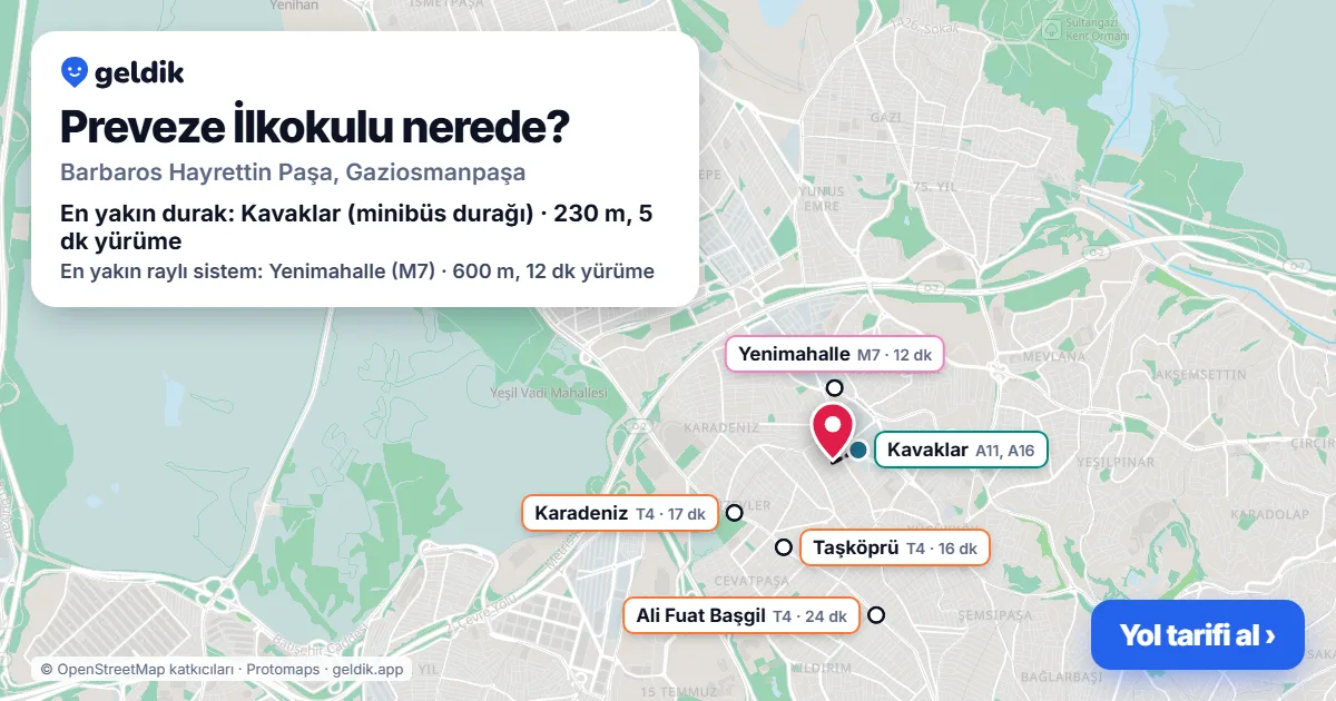 Preveze İlkokulu nerede: haritada konumu ve en yakın duraklar, yürüme süreleriyle
