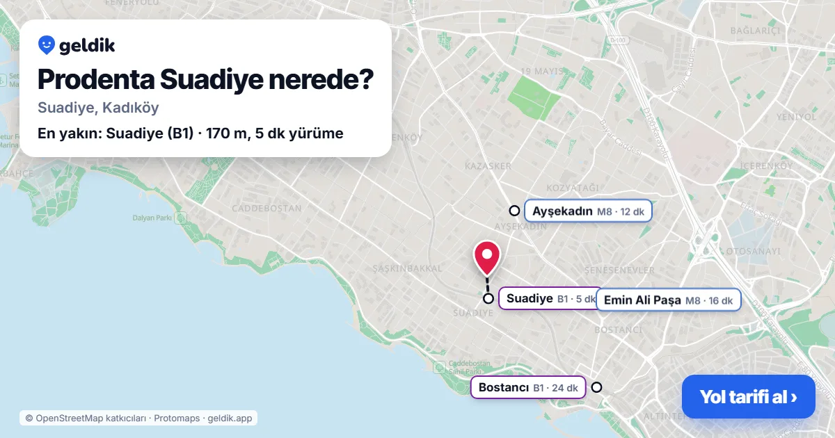 Prodenta Suadiye nerede: haritada konumu ve en yakın duraklar, yürüme süreleriyle