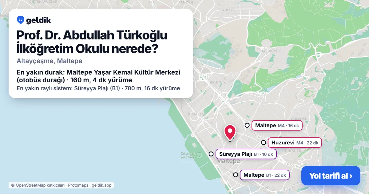 Prof. Dr. Abdullah Türkoğlu İlköğretim Okulu nerede: haritada konumu ve en yakın duraklar, yürüme süreleriyle