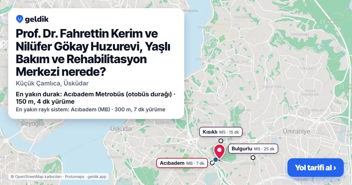 Prof. Dr. Fahrettin Kerim ve Nilüfer Gökay Huzurevi, Yaşlı Bakım ve Rehabilitasyon Merkezi nerede: haritada konumu ve en yakın duraklar, yürüme süreleriyle
