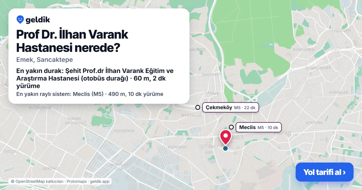 Where is Prof Dr. İlhan Varank Hastanesi: map with its location and the nearest stops, with walking times