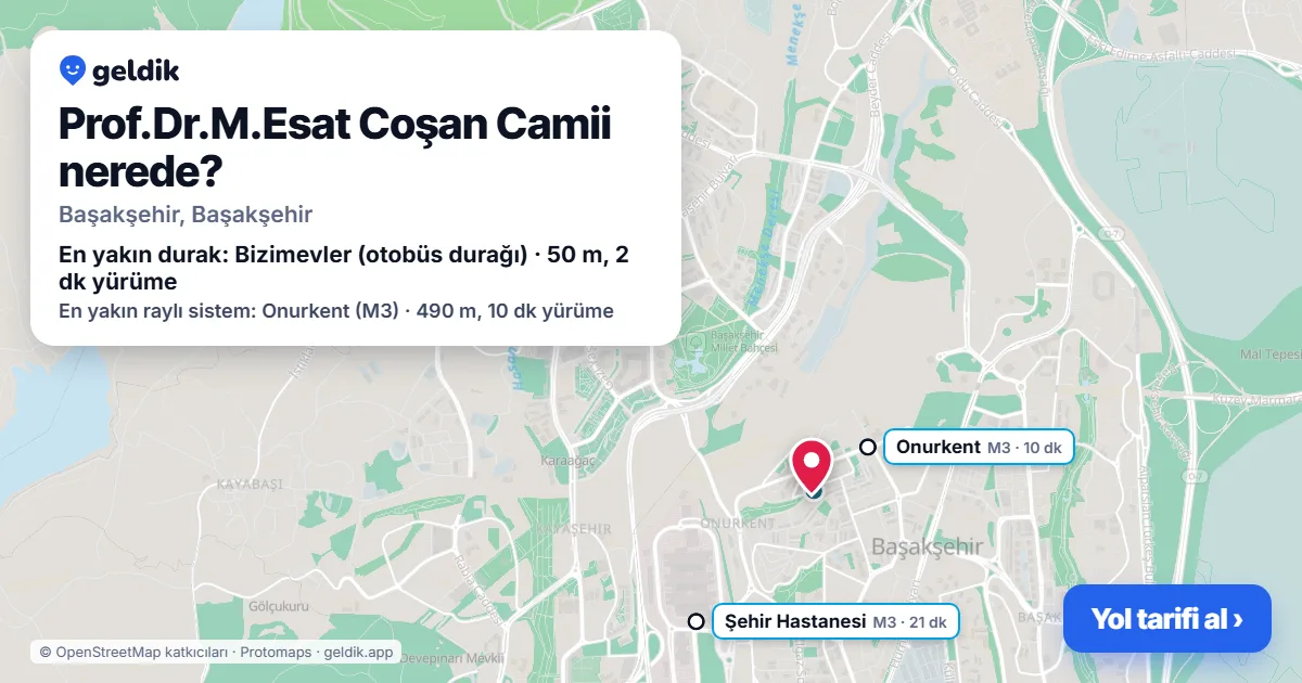 Prof.Dr.M.Esat Coşan Camii nerede: haritada konumu ve en yakın duraklar, yürüme süreleriyle
