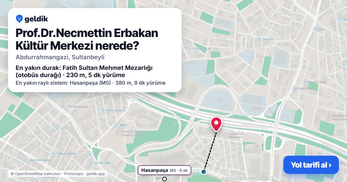 Prof.Dr.Necmettin Erbakan Kültür Merkezi nerede: haritada konumu ve en yakın duraklar, yürüme süreleriyle