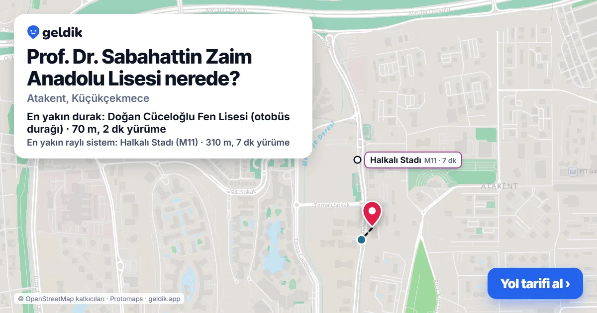 Prof. Dr. Sabahattin Zaim Anadolu Lisesi nerede: haritada konumu ve en yakın duraklar, yürüme süreleriyle