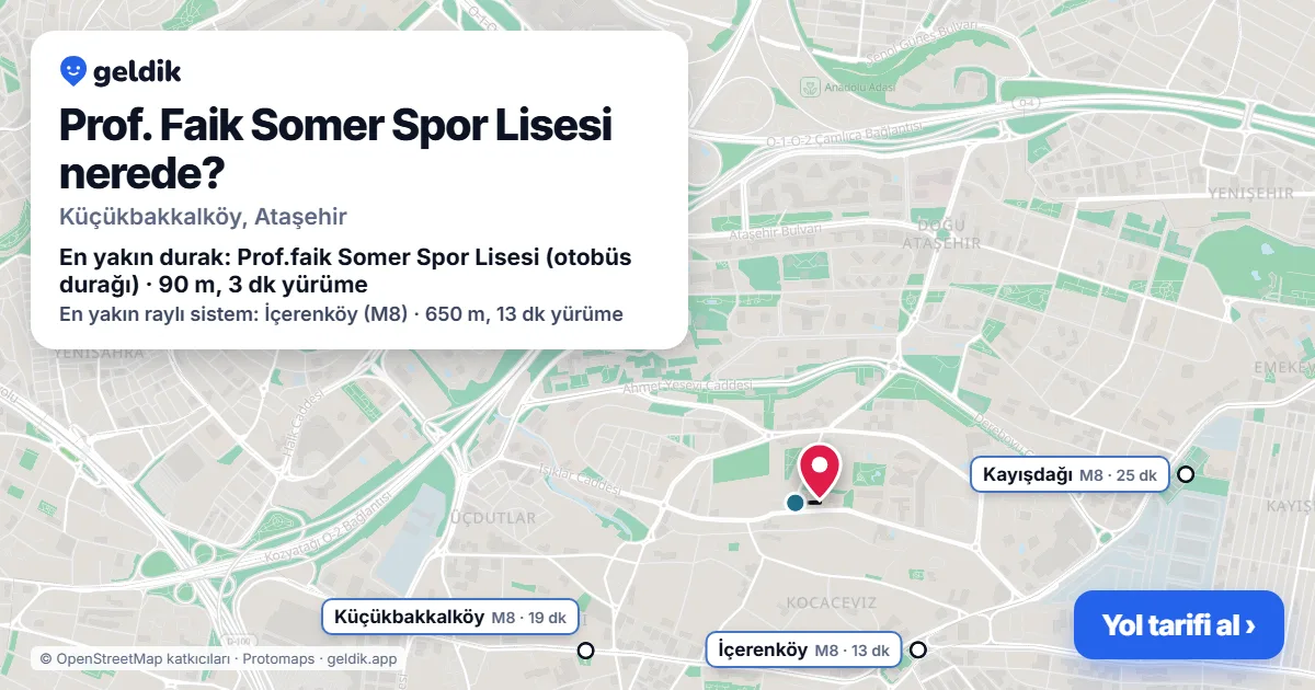 Prof. Faik Somer Spor Lisesi nerede: haritada konumu ve en yakın duraklar, yürüme süreleriyle