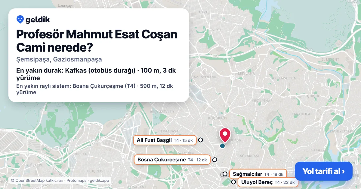 Profesör Mahmut Esat Coşan Cami nerede: haritada konumu ve en yakın duraklar, yürüme süreleriyle