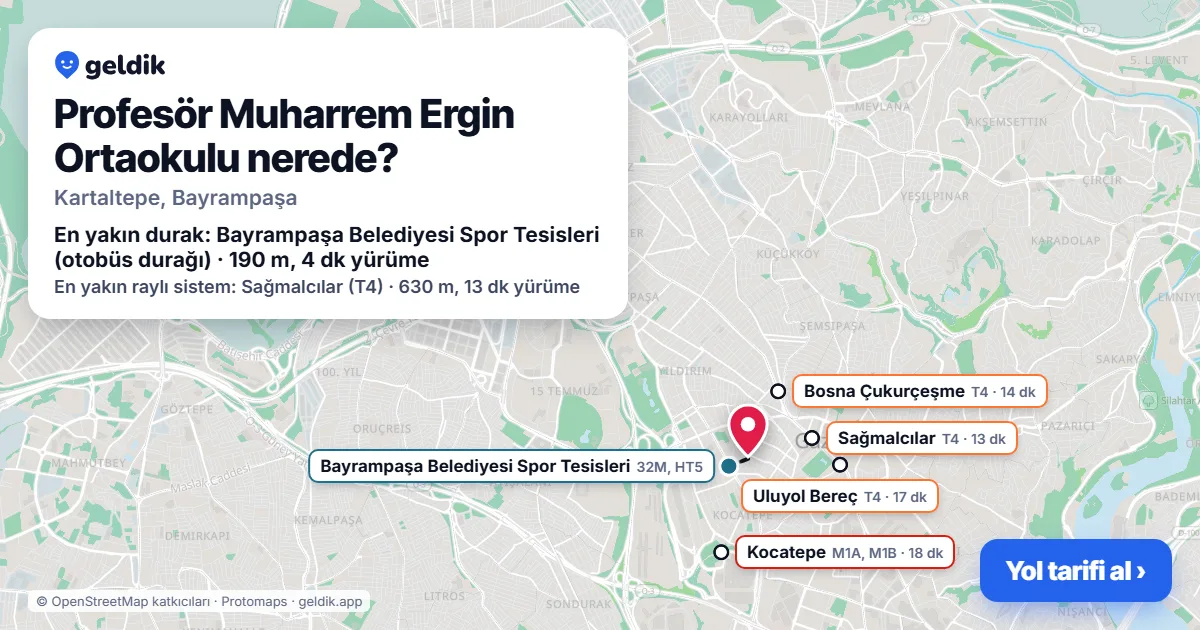 Profesör Muharrem Ergin Ortaokulu nerede: haritada konumu ve en yakın duraklar, yürüme süreleriyle