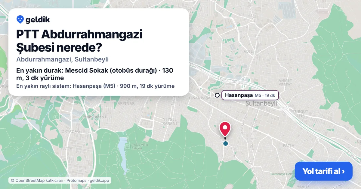 Where is PTT Abdurrahmangazi Şubesi: map with its location and the nearest stops, with walking times