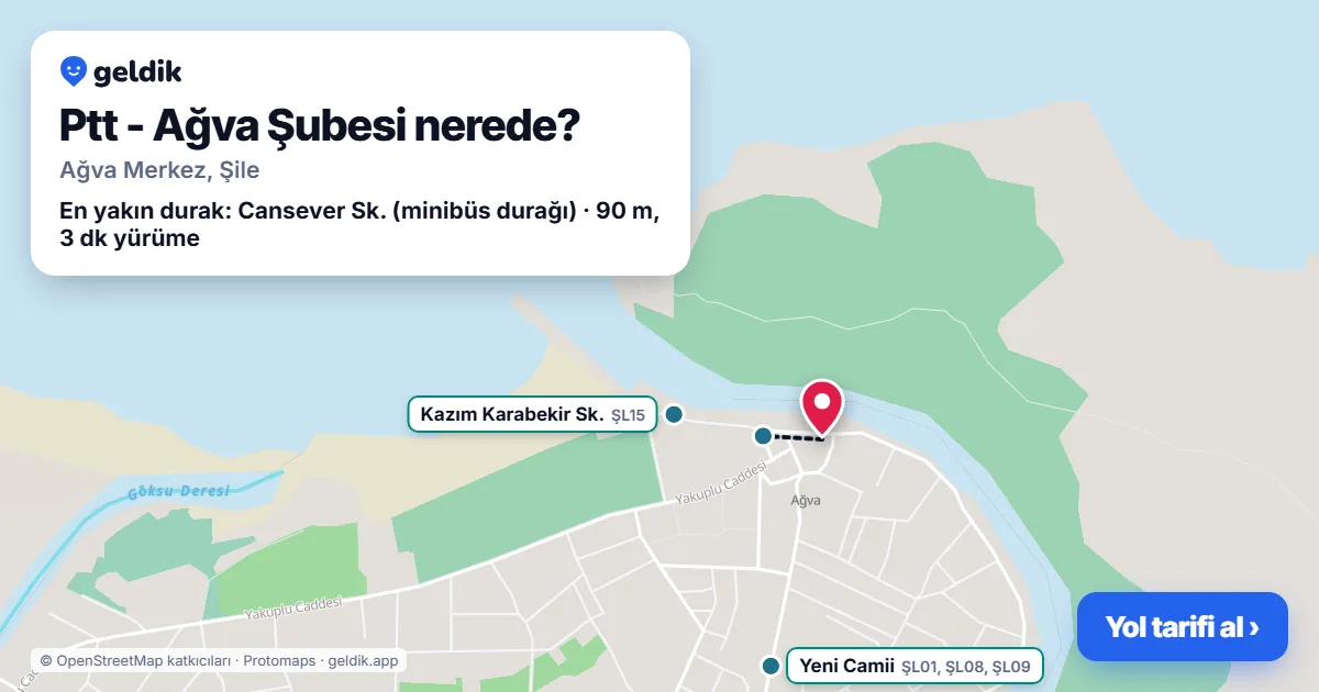 Where is Ptt - Ağva Şubesi: map with its location and the nearest stops, with walking times