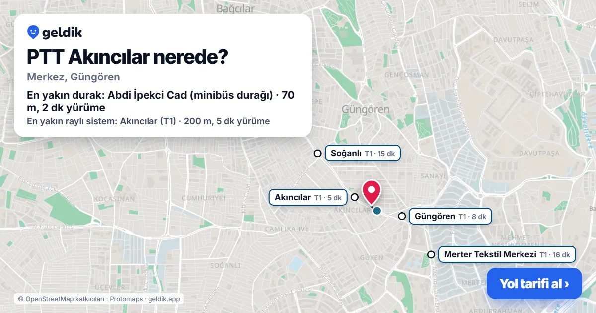 Where is PTT Akıncılar: map with its location and the nearest stops, with walking times