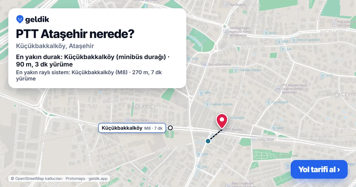 Where is PTT Ataşehir: map with its location and the nearest stops, with walking times