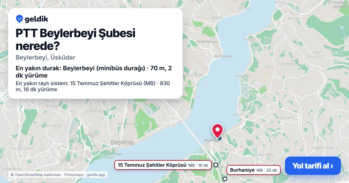 PTT Beylerbeyi Şubesi nerede: haritada konumu ve en yakın duraklar, yürüme süreleriyle