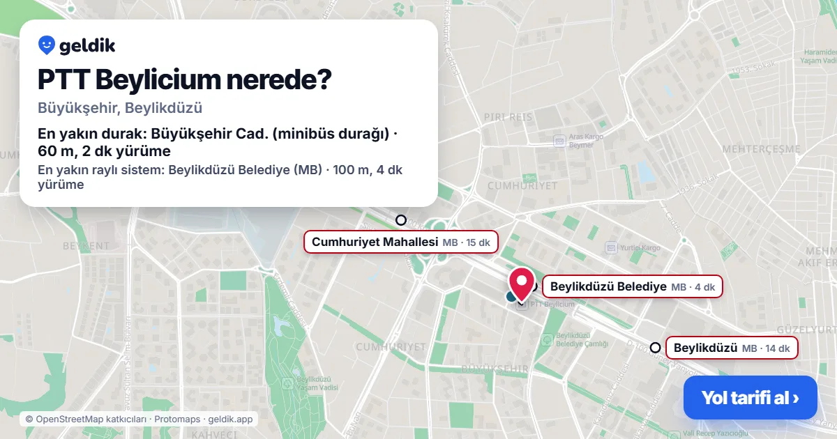 Where is PTT Beylicium: map with its location and the nearest stops, with walking times