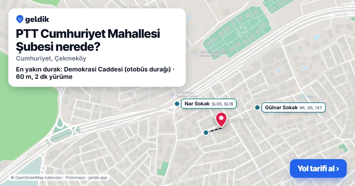 PTT Cumhuriyet Mahallesi Şubesi nerede: haritada konumu ve en yakın duraklar, yürüme süreleriyle