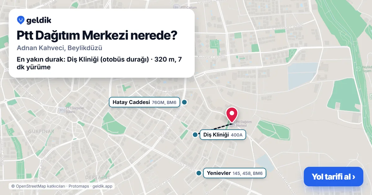 Where is Ptt Dağıtım Merkezi: map with its location and the nearest stops, with walking times