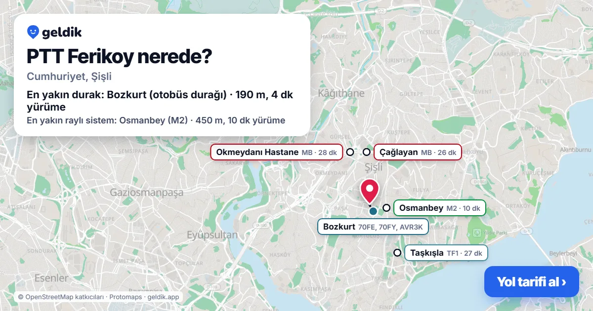 PTT Ferikoy nerede: haritada konumu ve en yakın duraklar, yürüme süreleriyle
