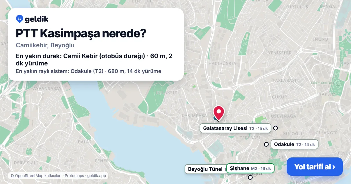 PTT Kasimpaşa nerede: haritada konumu ve en yakın duraklar, yürüme süreleriyle