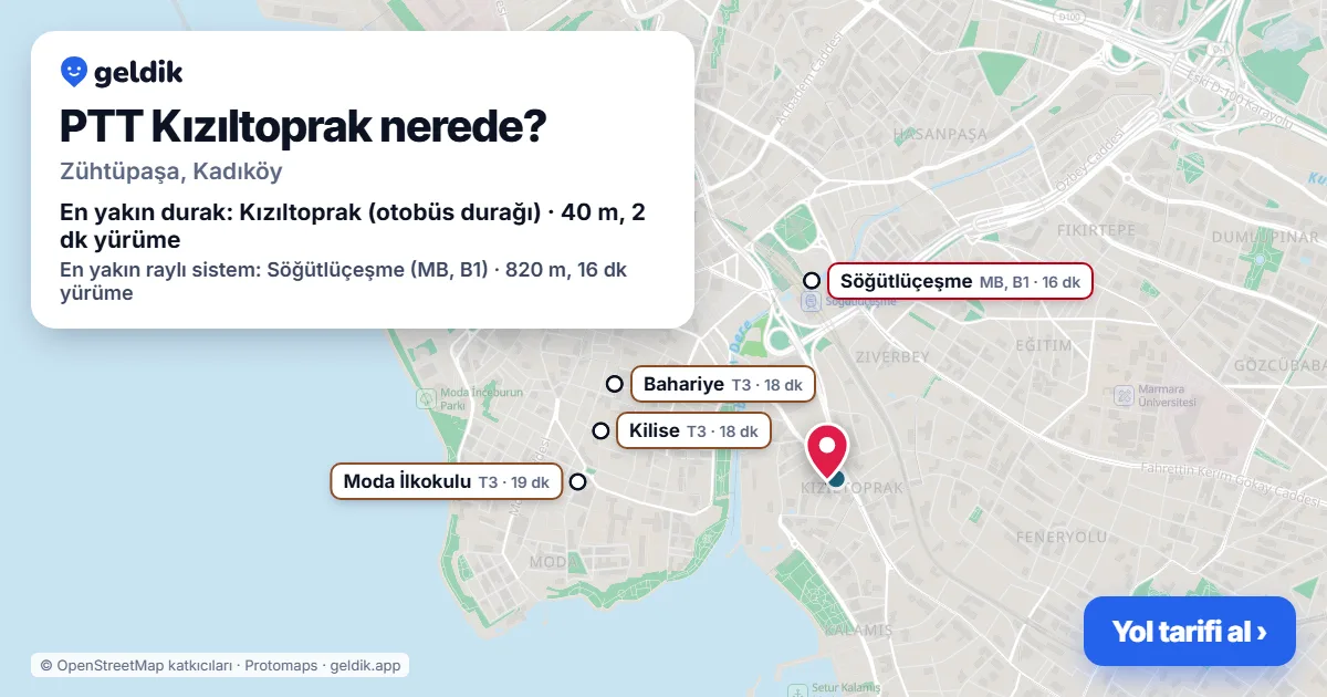 PTT Kızıltoprak nerede: haritada konumu ve en yakın duraklar, yürüme süreleriyle