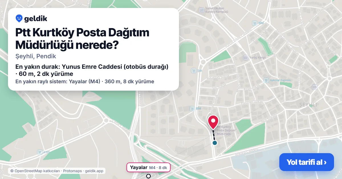 Where is Ptt Kurtköy Posta Dağıtım Müdürlüğü: map with its location and the nearest stops, with walking times