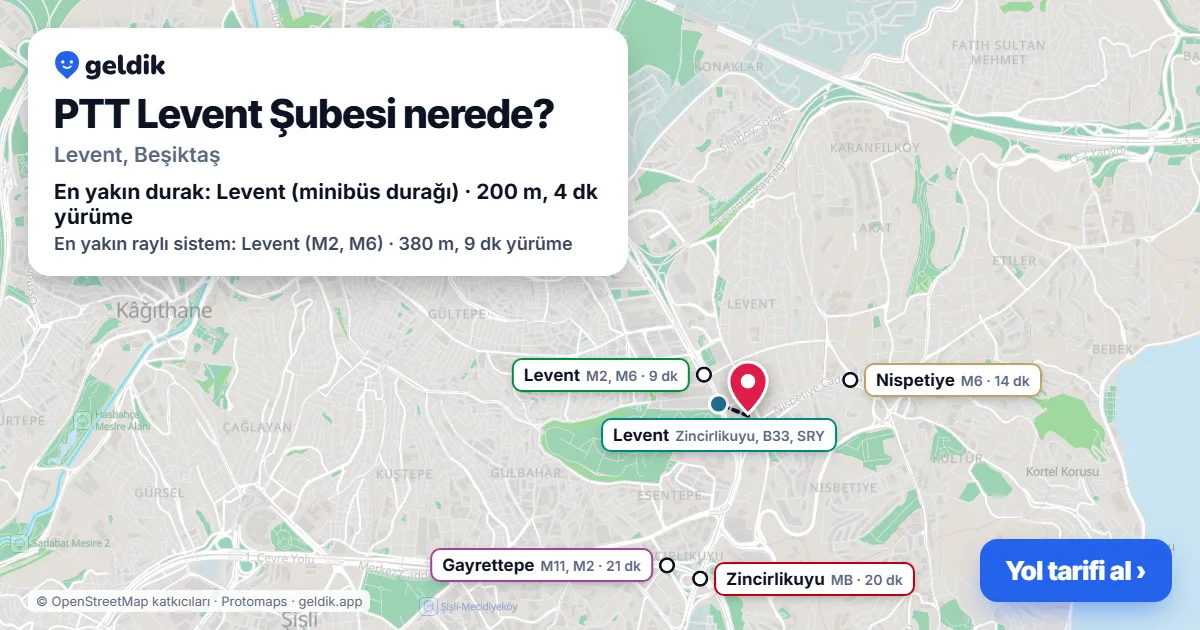 Where is PTT Levent Şubesi: map with its location and the nearest stops, with walking times