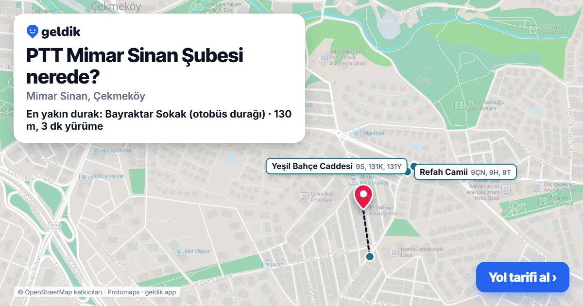 Where is PTT Mimar Sinan Şubesi: map with its location and the nearest stops, with walking times