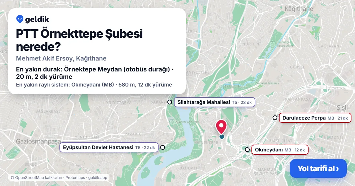 PTT Örnekttepe Şubesi nerede: haritada konumu ve en yakın duraklar, yürüme süreleriyle