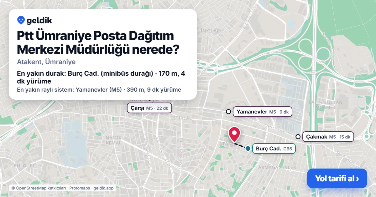Where is Ptt Ümraniye Posta Dağıtım Merkezi Müdürlüğü: map with its location and the nearest stops, with walking times