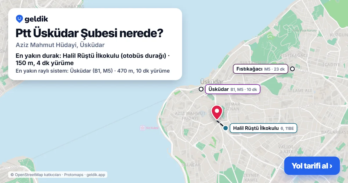 Ptt Üsküdar Şubesi nerede: haritada konumu ve en yakın duraklar, yürüme süreleriyle