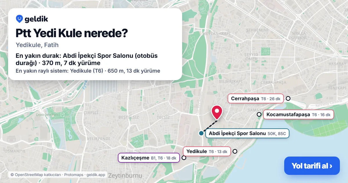 Where is Ptt Yedi Kule: map with its location and the nearest stops, with walking times