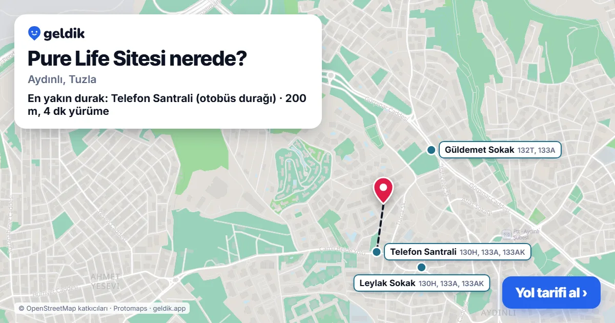 Where is Pure Life Sitesi: map with its location and the nearest stops, with walking times