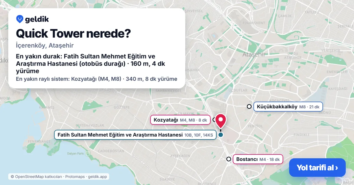 Quick Tower nerede: haritada konumu ve en yakın duraklar, yürüme süreleriyle