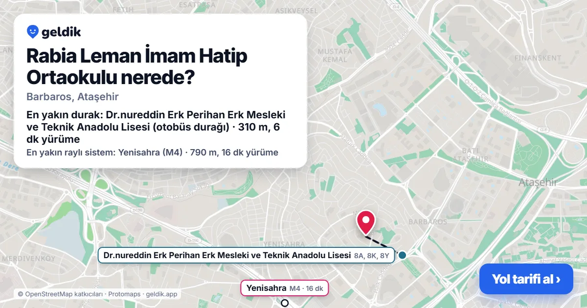 Rabia Leman İmam Hatip Ortaokulu nerede: haritada konumu ve en yakın duraklar, yürüme süreleriyle